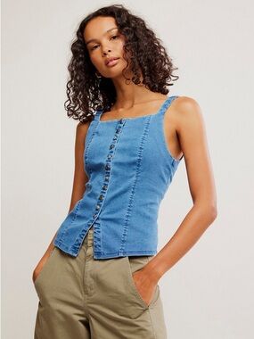 Free People -A Moment in Time- Denim Button-Front Tank Top sz. med- Blue